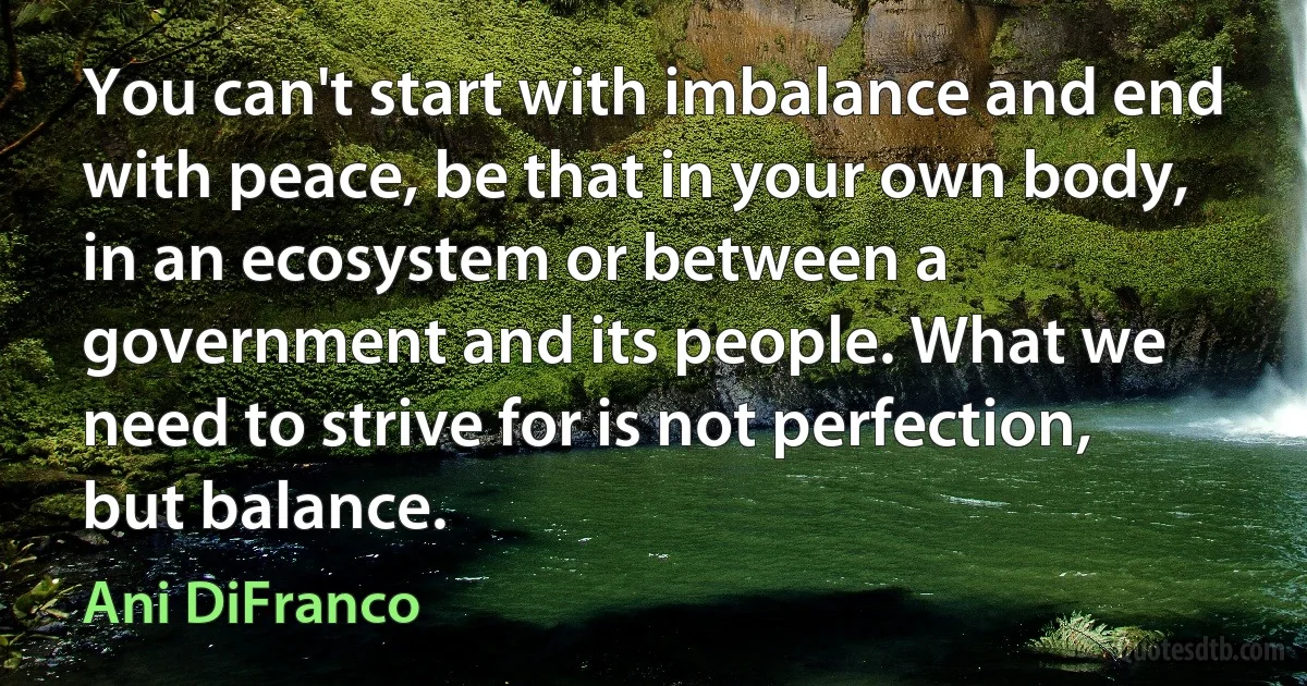 You can't start with imbalance and end with peace, be that in your own body, in an ecosystem or between a government and its people. What we need to strive for is not perfection, but balance. (Ani DiFranco)