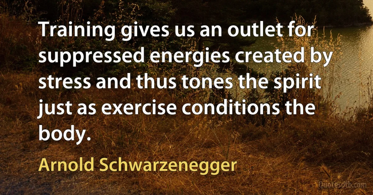 Training gives us an outlet for suppressed energies created by stress and thus tones the spirit just as exercise conditions the body. (Arnold Schwarzenegger)