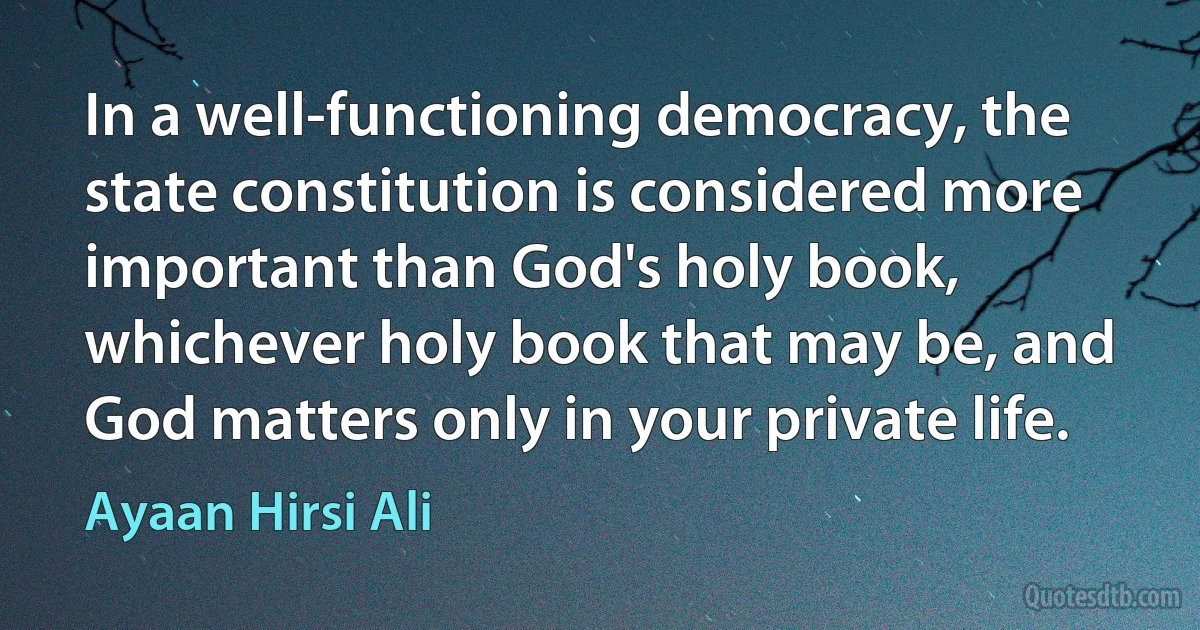 In a well-functioning democracy, the state constitution is considered more important than God's holy book, whichever holy book that may be, and God matters only in your private life. (Ayaan Hirsi Ali)