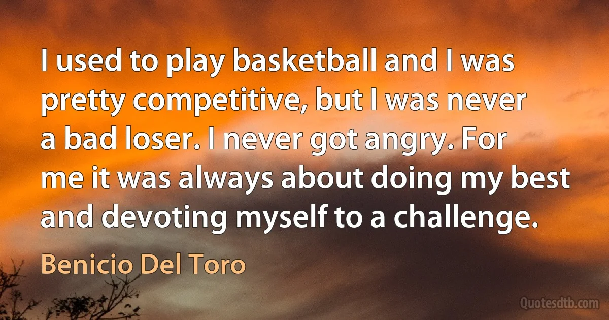 I used to play basketball and I was pretty competitive, but I was never a bad loser. I never got angry. For me it was always about doing my best and devoting myself to a challenge. (Benicio Del Toro)