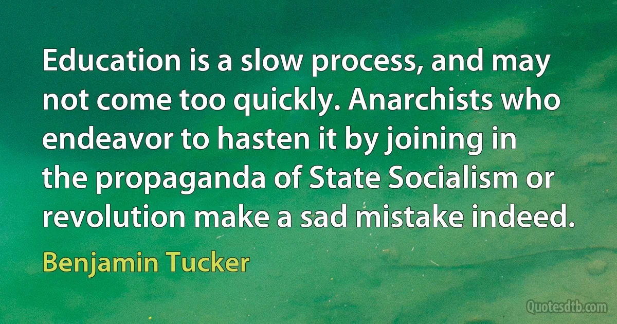 Education is a slow process, and may not come too quickly. Anarchists who endeavor to hasten it by joining in the propaganda of State Socialism or revolution make a sad mistake indeed. (Benjamin Tucker)