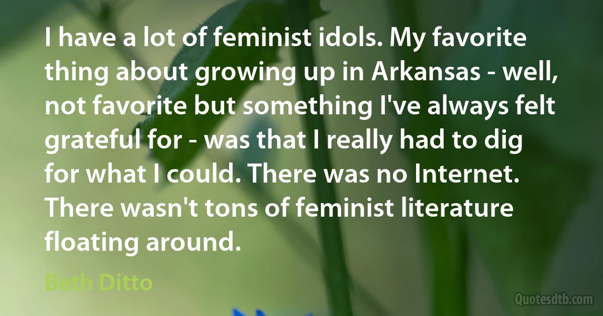 I have a lot of feminist idols. My favorite thing about growing up in Arkansas - well, not favorite but something I've always felt grateful for - was that I really had to dig for what I could. There was no Internet. There wasn't tons of feminist literature floating around. (Beth Ditto)