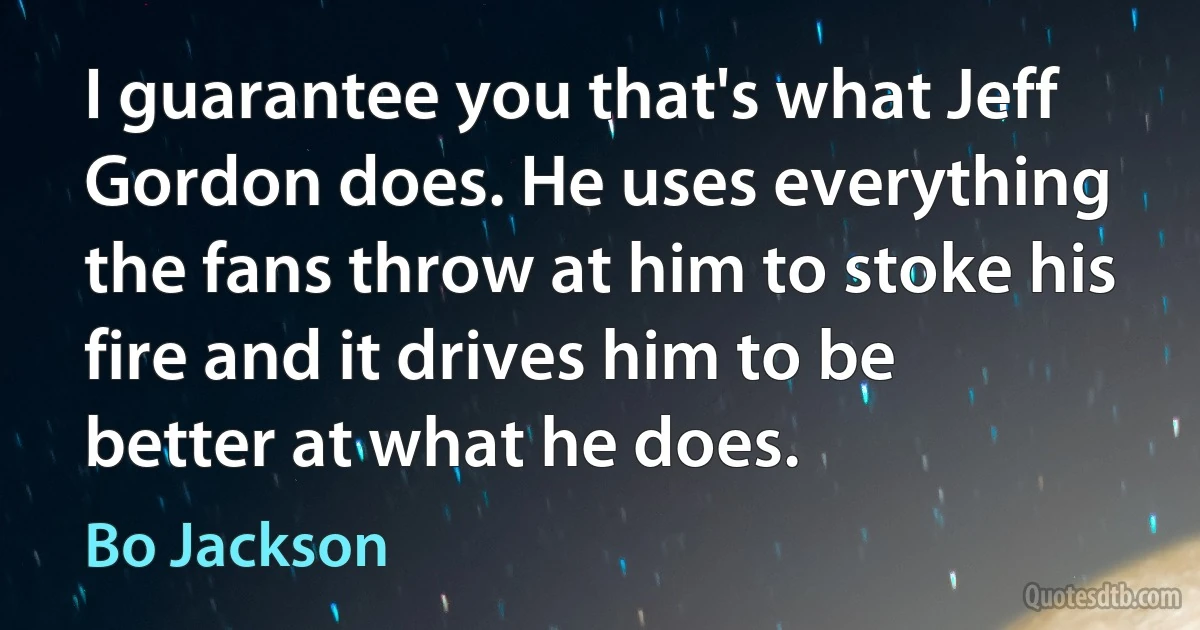 I guarantee you that's what Jeff Gordon does. He uses everything the fans throw at him to stoke his fire and it drives him to be better at what he does. (Bo Jackson)