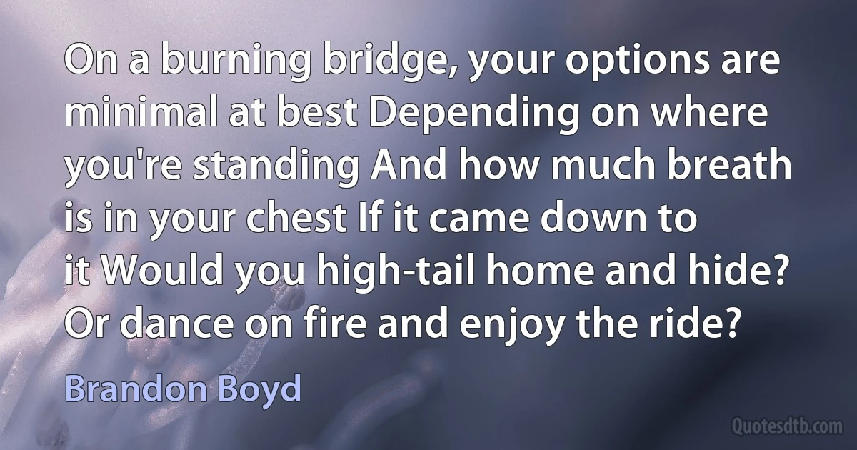 On a burning bridge, your options are minimal at best Depending on where you're standing And how much breath is in your chest If it came down to it Would you high-tail home and hide? Or dance on fire and enjoy the ride? (Brandon Boyd)