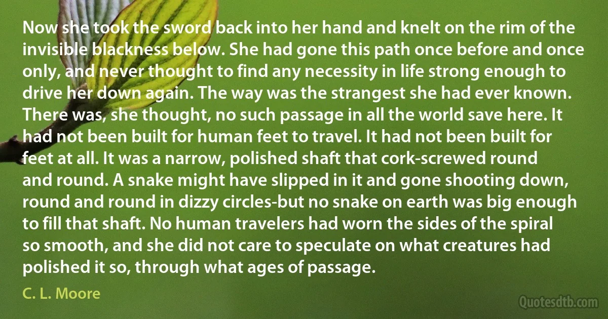 Now she took the sword back into her hand and knelt on the rim of the invisible blackness below. She had gone this path once before and once only, and never thought to find any necessity in life strong enough to drive her down again. The way was the strangest she had ever known. There was, she thought, no such passage in all the world save here. It had not been built for human feet to travel. It had not been built for feet at all. It was a narrow, polished shaft that cork-screwed round and round. A snake might have slipped in it and gone shooting down, round and round in dizzy circles-but no snake on earth was big enough to fill that shaft. No human travelers had worn the sides of the spiral so smooth, and she did not care to speculate on what creatures had polished it so, through what ages of passage. (C. L. Moore)