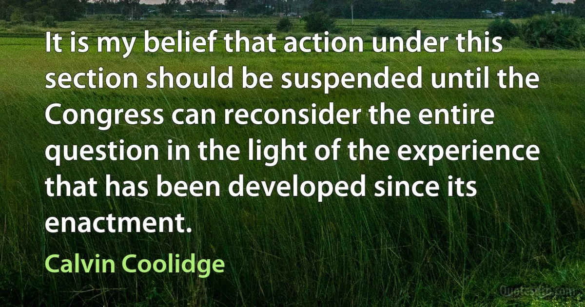 It is my belief that action under this section should be suspended until the Congress can reconsider the entire question in the light of the experience that has been developed since its enactment. (Calvin Coolidge)