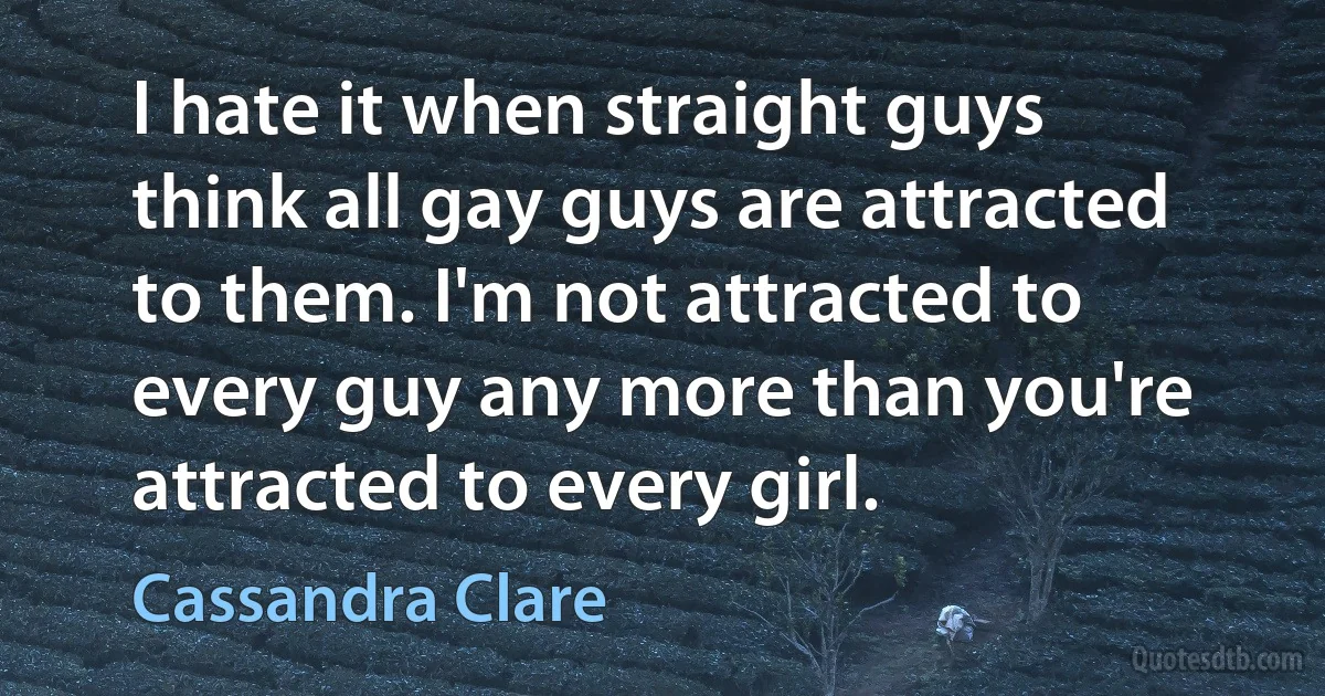 I hate it when straight guys think all gay guys are attracted to them. I'm not attracted to every guy any more than you're attracted to every girl. (Cassandra Clare)