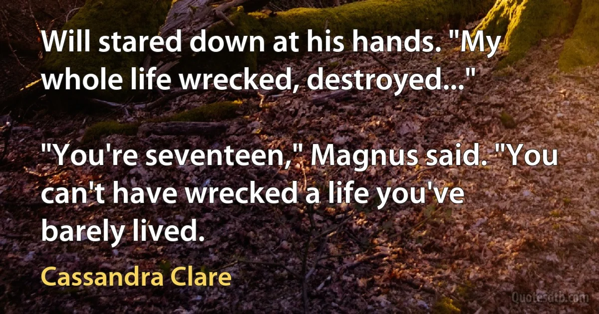 Will stared down at his hands. "My whole life wrecked, destroyed..."

"You're seventeen," Magnus said. "You can't have wrecked a life you've barely lived. (Cassandra Clare)