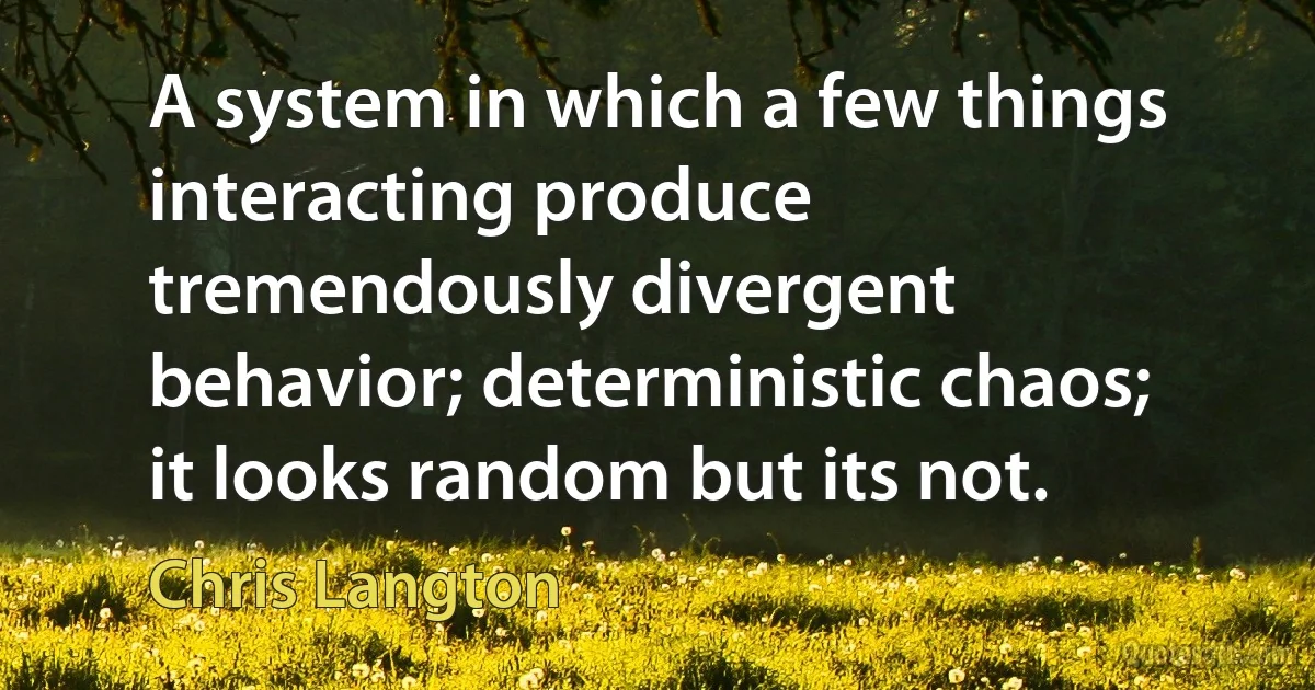 A system in which a few things interacting produce tremendously divergent behavior; deterministic chaos; it looks random but its not. (Chris Langton)