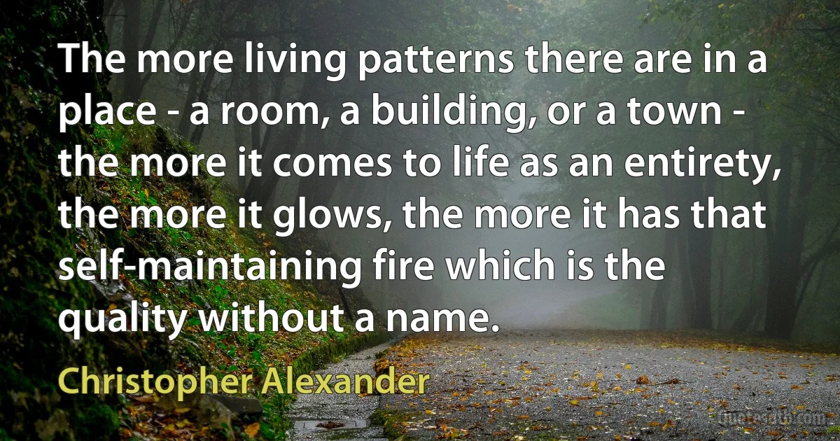 The more living patterns there are in a place - a room, a building, or a town - the more it comes to life as an entirety, the more it glows, the more it has that self-maintaining fire which is the quality without a name. (Christopher Alexander)