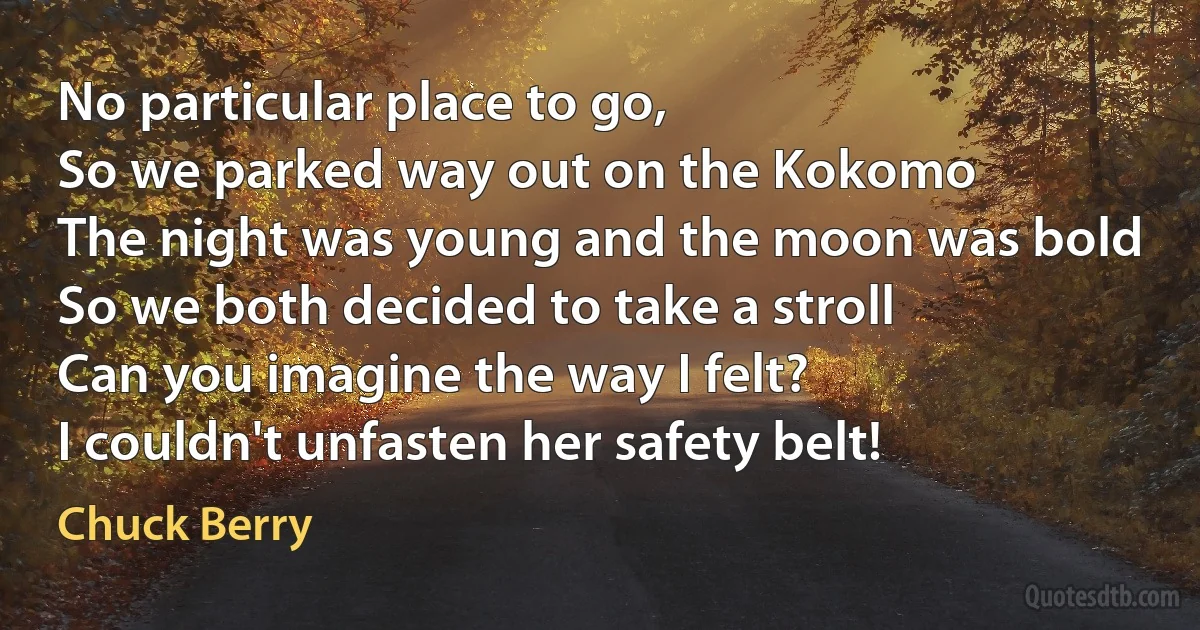 No particular place to go,
So we parked way out on the Kokomo
The night was young and the moon was bold
So we both decided to take a stroll
Can you imagine the way I felt?
I couldn't unfasten her safety belt! (Chuck Berry)