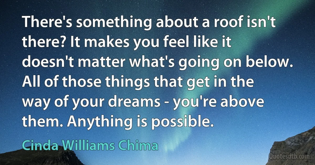 There's something about a roof isn't there? It makes you feel like it doesn't matter what's going on below. All of those things that get in the way of your dreams - you're above them. Anything is possible. (Cinda Williams Chima)