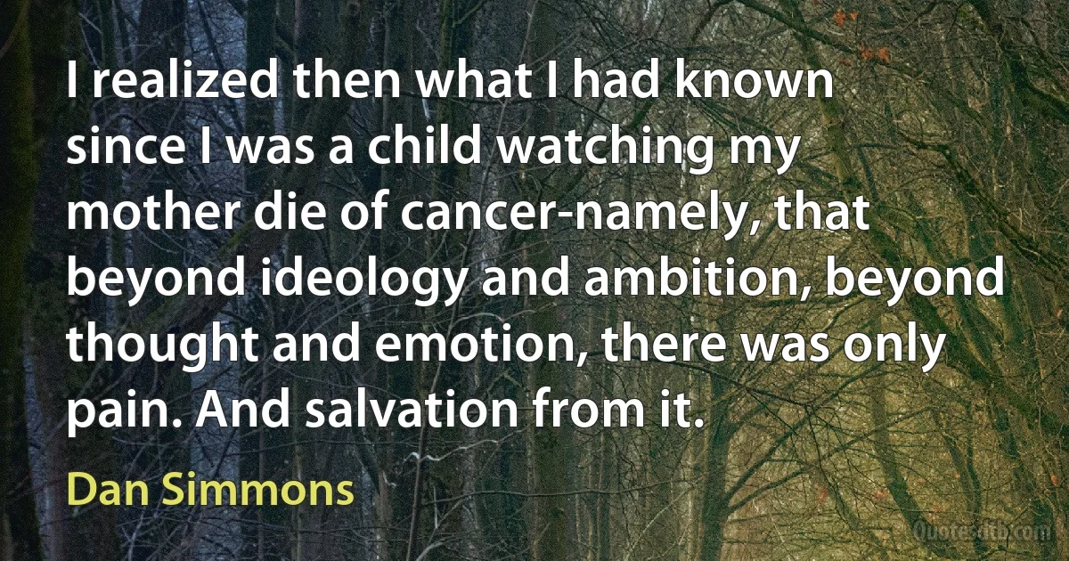 I realized then what I had known since I was a child watching my mother die of cancer-namely, that beyond ideology and ambition, beyond thought and emotion, there was only pain. And salvation from it. (Dan Simmons)