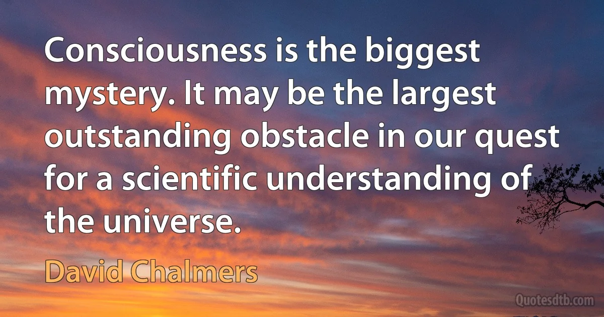 Consciousness is the biggest mystery. It may be the largest outstanding obstacle in our quest for a scientific understanding of the universe. (David Chalmers)