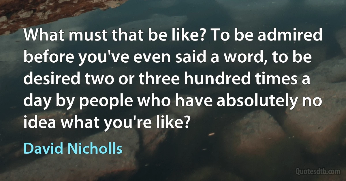 What must that be like? To be admired before you've even said a word, to be desired two or three hundred times a day by people who have absolutely no idea what you're like? (David Nicholls)