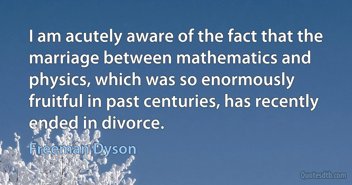 I am acutely aware of the fact that the marriage between mathematics and physics, which was so enormously fruitful in past centuries, has recently ended in divorce. (Freeman Dyson)