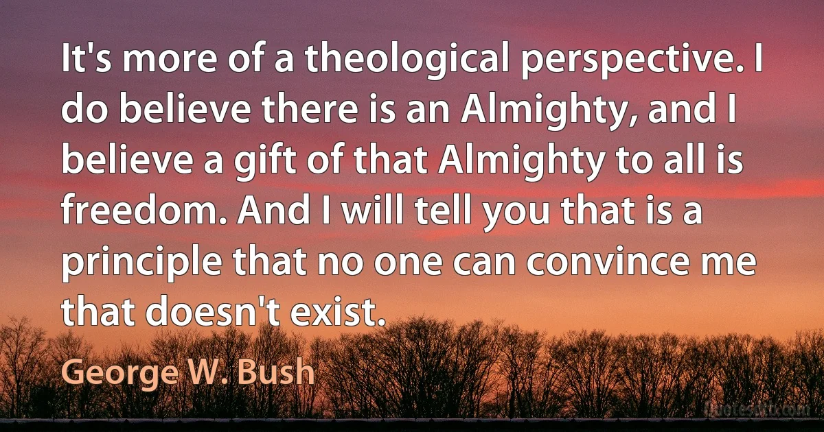 It's more of a theological perspective. I do believe there is an Almighty, and I believe a gift of that Almighty to all is freedom. And I will tell you that is a principle that no one can convince me that doesn't exist. (George W. Bush)