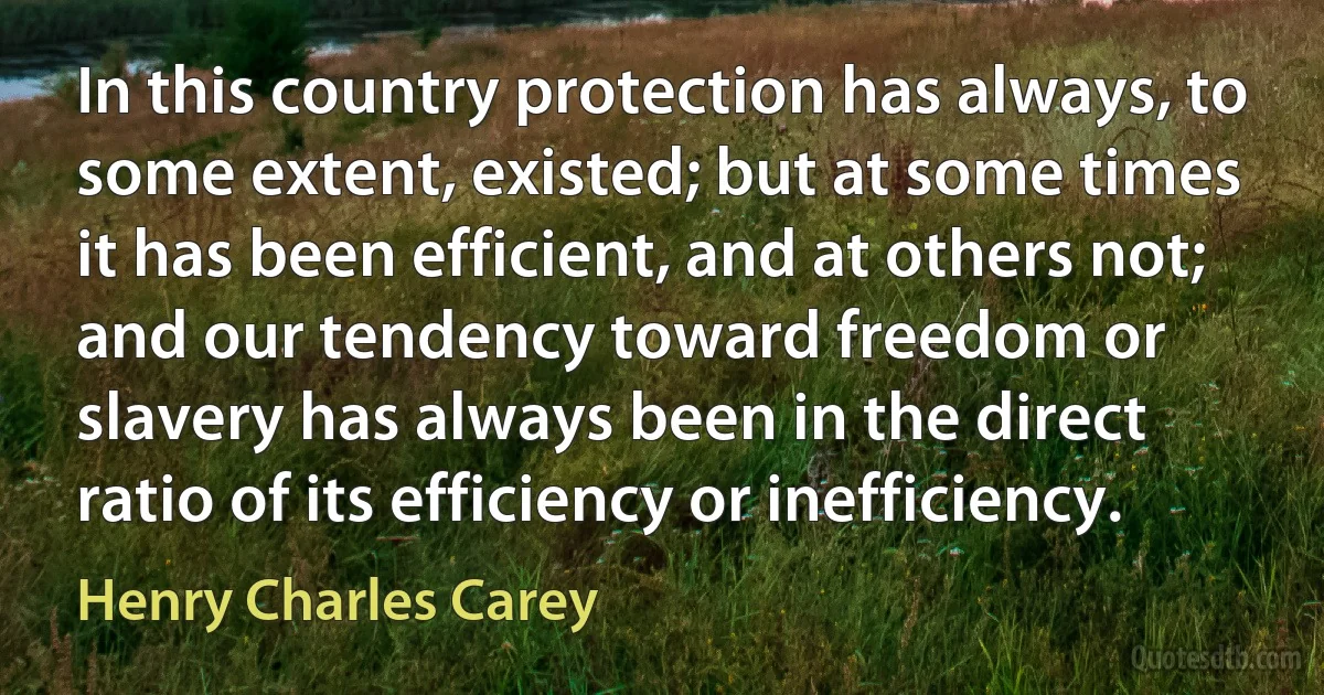 In this country protection has always, to some extent, existed; but at some times it has been efficient, and at others not; and our tendency toward freedom or slavery has always been in the direct ratio of its efficiency or inefficiency. (Henry Charles Carey)