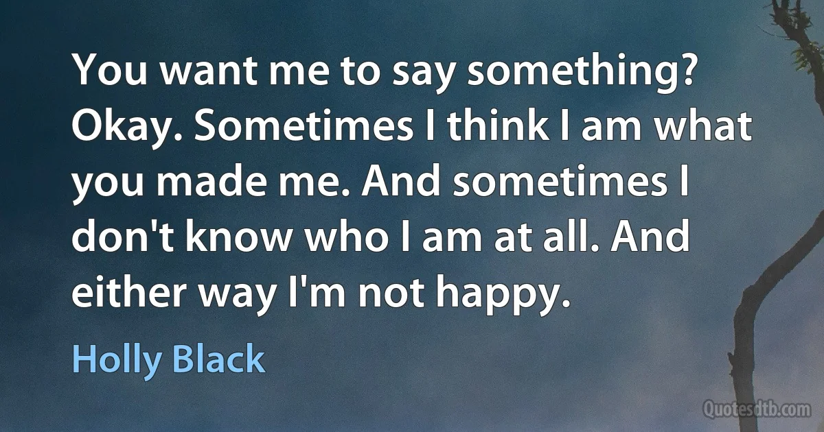 You want me to say something? Okay. Sometimes I think I am what you made me. And sometimes I don't know who I am at all. And either way I'm not happy. (Holly Black)