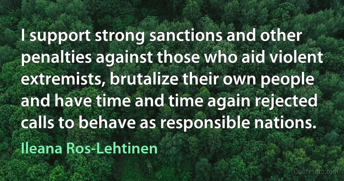 I support strong sanctions and other penalties against those who aid violent extremists, brutalize their own people and have time and time again rejected calls to behave as responsible nations. (Ileana Ros-Lehtinen)