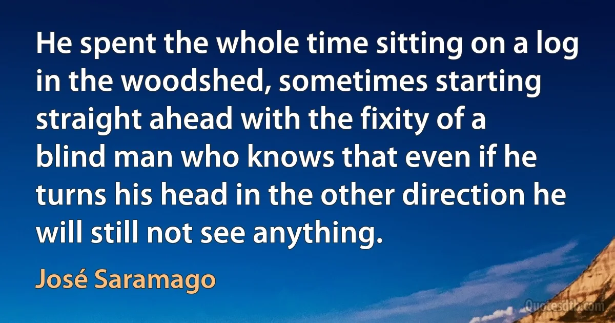 He spent the whole time sitting on a log in the woodshed, sometimes starting straight ahead with the fixity of a blind man who knows that even if he turns his head in the other direction he will still not see anything. (José Saramago)