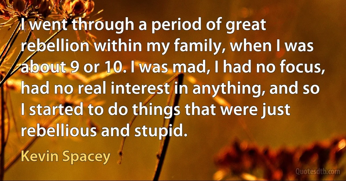 I went through a period of great rebellion within my family, when I was about 9 or 10. I was mad, I had no focus, had no real interest in anything, and so I started to do things that were just rebellious and stupid. (Kevin Spacey)