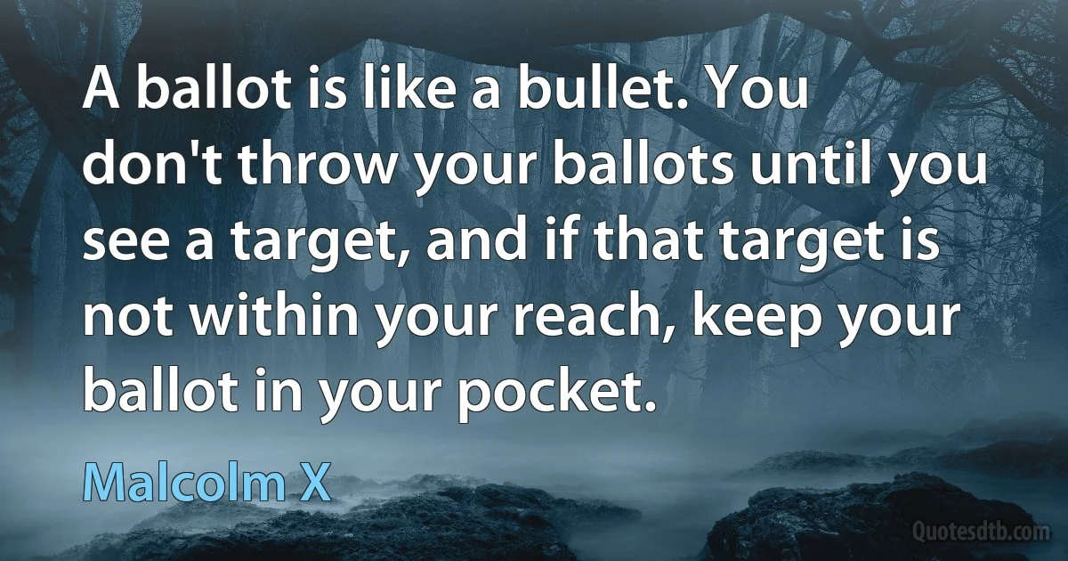 A ballot is like a bullet. You don't throw your ballots until you see a target, and if that target is not within your reach, keep your ballot in your pocket. (Malcolm X)