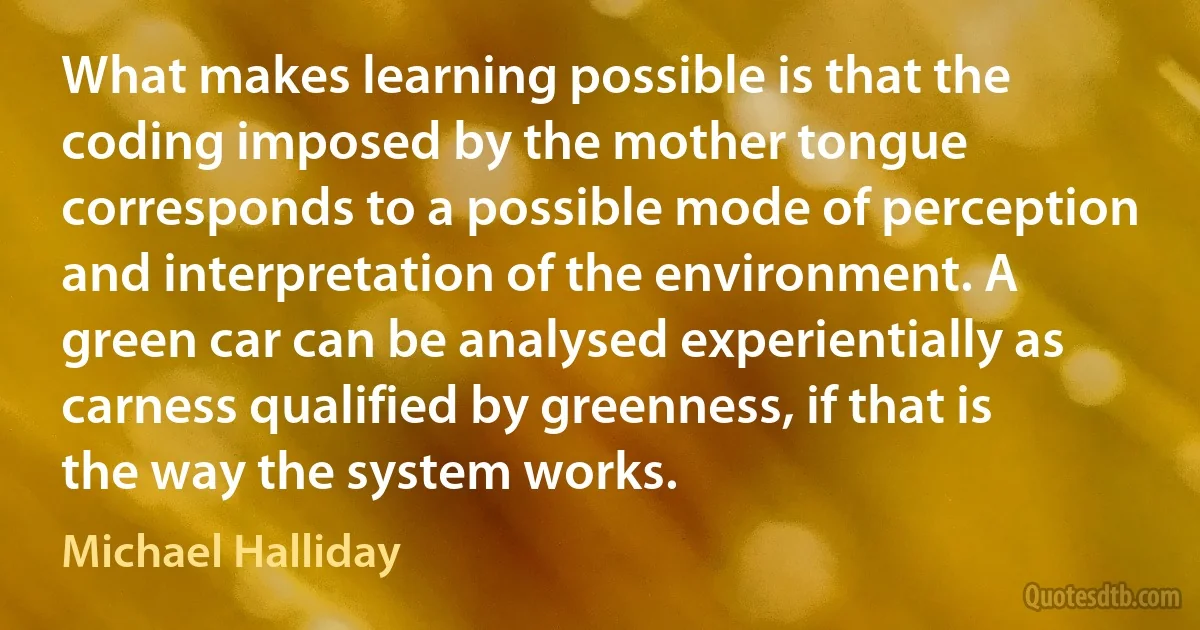 What makes learning possible is that the coding imposed by the mother tongue corresponds to a possible mode of perception and interpretation of the environment. A green car can be analysed experientially as carness qualified by greenness, if that is the way the system works. (Michael Halliday)