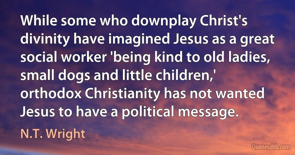 While some who downplay Christ's divinity have imagined Jesus as a great social worker 'being kind to old ladies, small dogs and little children,' orthodox Christianity has not wanted Jesus to have a political message. (N.T. Wright)