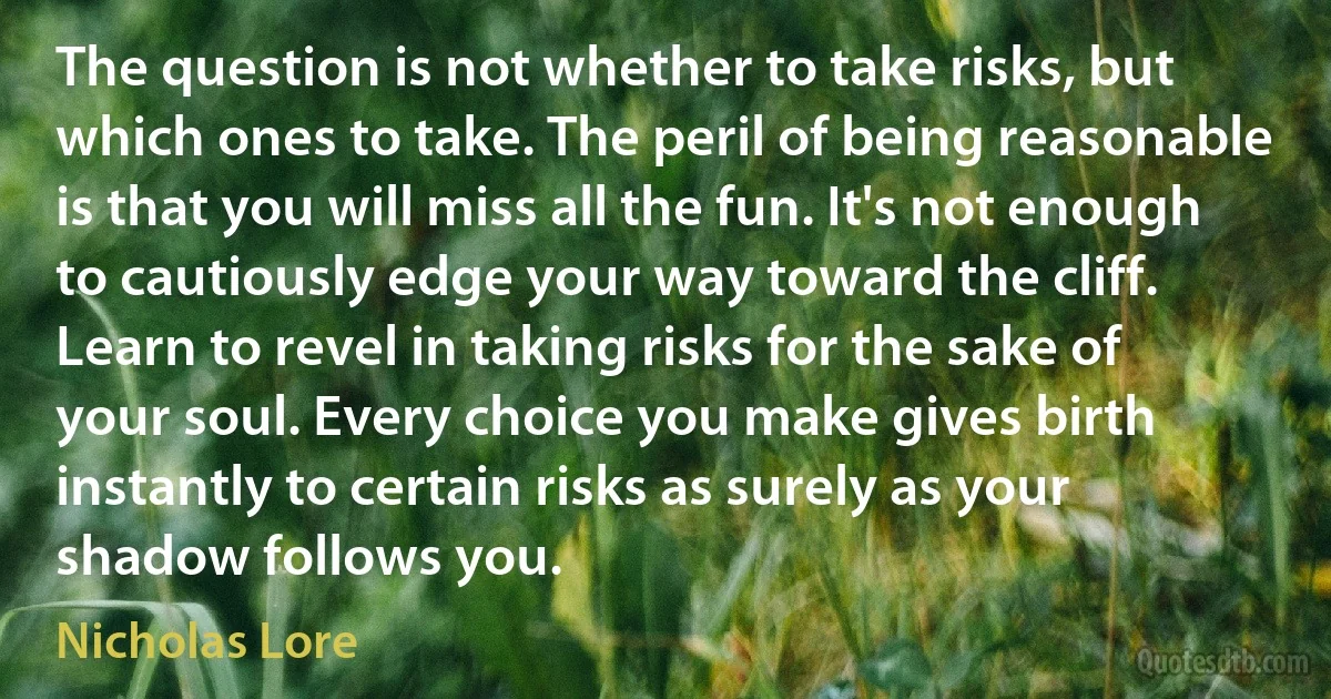 The question is not whether to take risks, but which ones to take. The peril of being reasonable is that you will miss all the fun. It's not enough to cautiously edge your way toward the cliff. Learn to revel in taking risks for the sake of your soul. Every choice you make gives birth instantly to certain risks as surely as your shadow follows you. (Nicholas Lore)