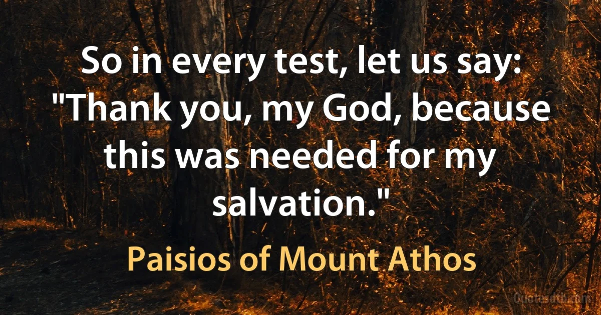 So in every test, let us say: "Thank you, my God, because this was needed for my salvation." (Paisios of Mount Athos)