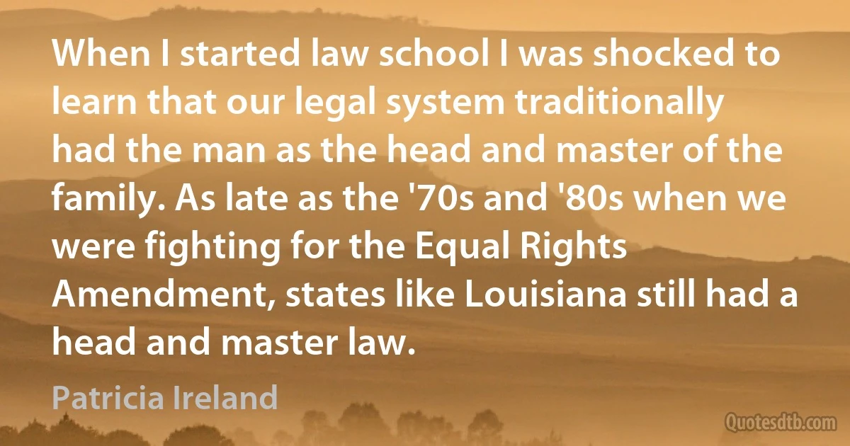 When I started law school I was shocked to learn that our legal system traditionally had the man as the head and master of the family. As late as the '70s and '80s when we were fighting for the Equal Rights Amendment, states like Louisiana still had a head and master law. (Patricia Ireland)