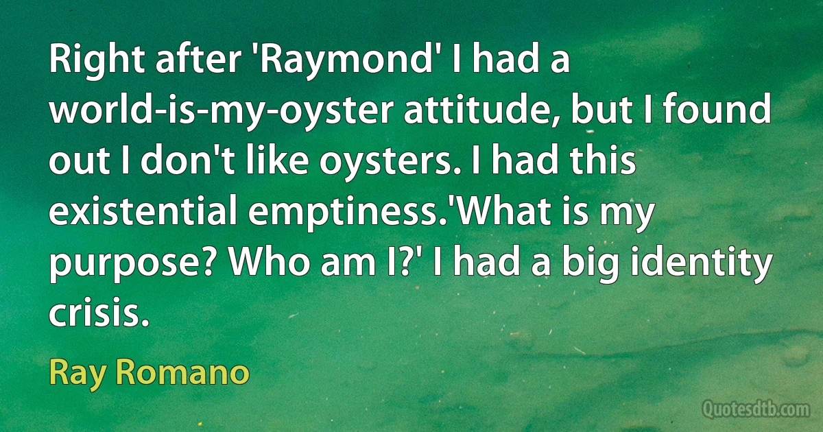 Right after 'Raymond' I had a world-is-my-oyster attitude, but I found out I don't like oysters. I had this existential emptiness.'What is my purpose? Who am I?' I had a big identity crisis. (Ray Romano)