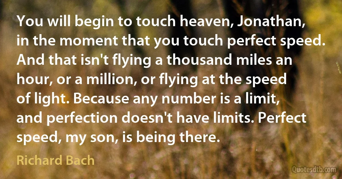 You will begin to touch heaven, Jonathan, in the moment that you touch perfect speed. And that isn't flying a thousand miles an hour, or a million, or flying at the speed of light. Because any number is a limit, and perfection doesn't have limits. Perfect speed, my son, is being there. (Richard Bach)