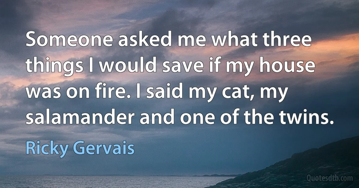 Someone asked me what three things I would save if my house was on fire. I said my cat, my salamander and one of the twins. (Ricky Gervais)