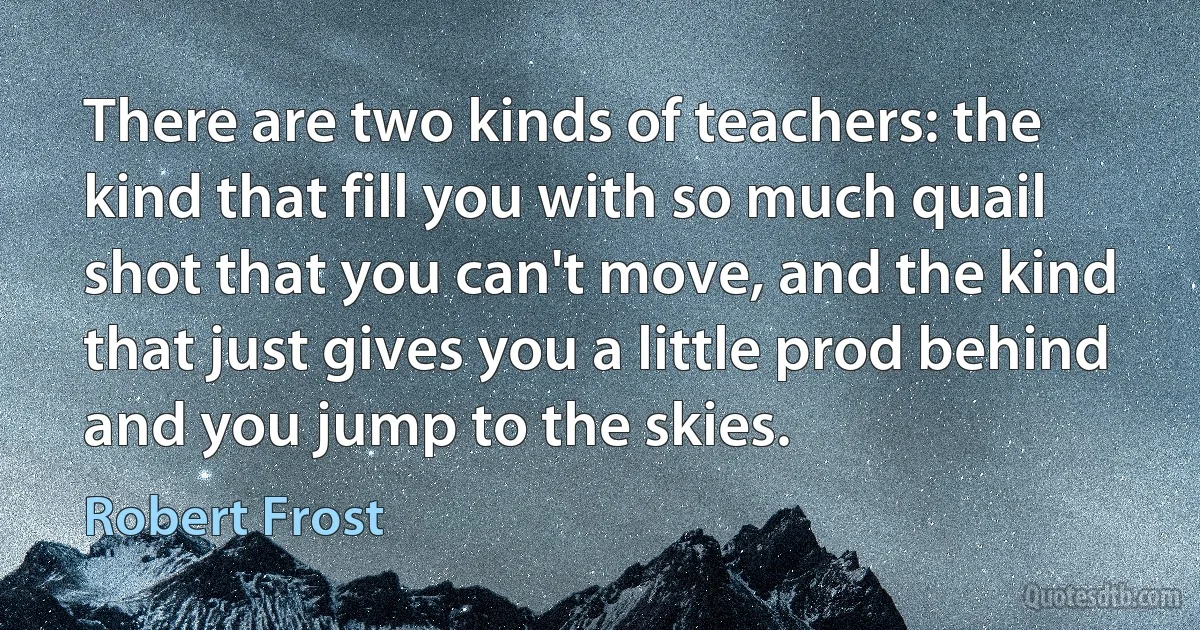 There are two kinds of teachers: the kind that fill you with so much quail shot that you can't move, and the kind that just gives you a little prod behind and you jump to the skies. (Robert Frost)