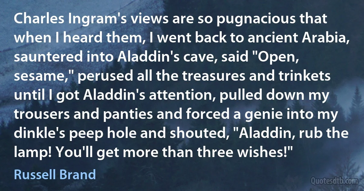 Charles Ingram's views are so pugnacious that when I heard them, I went back to ancient Arabia, sauntered into Aladdin's cave, said "Open, sesame," perused all the treasures and trinkets until I got Aladdin's attention, pulled down my trousers and panties and forced a genie into my dinkle's peep hole and shouted, "Aladdin, rub the lamp! You'll get more than three wishes!" (Russell Brand)