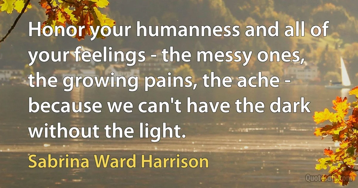 Honor your humanness and all of your feelings - the messy ones, the growing pains, the ache - because we can't have the dark without the light. (Sabrina Ward Harrison)