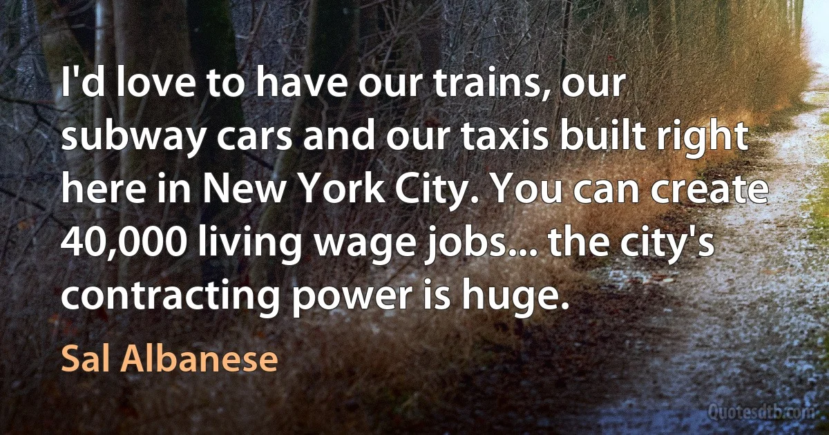 I'd love to have our trains, our subway cars and our taxis built right here in New York City. You can create 40,000 living wage jobs... the city's contracting power is huge. (Sal Albanese)