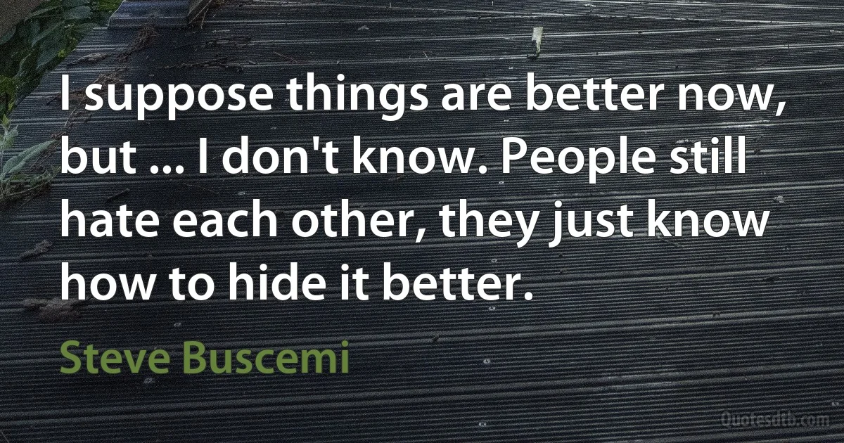 I suppose things are better now, but ... I don't know. People still hate each other, they just know how to hide it better. (Steve Buscemi)