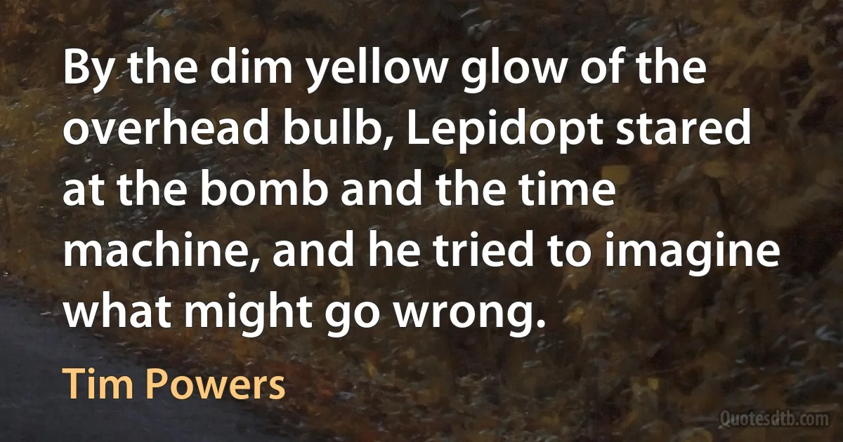 By the dim yellow glow of the overhead bulb, Lepidopt stared at the bomb and the time machine, and he tried to imagine what might go wrong. (Tim Powers)