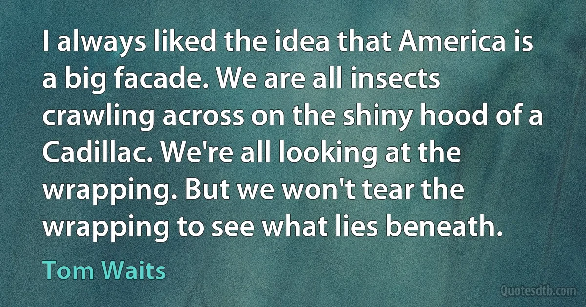 I always liked the idea that America is a big facade. We are all insects crawling across on the shiny hood of a Cadillac. We're all looking at the wrapping. But we won't tear the wrapping to see what lies beneath. (Tom Waits)