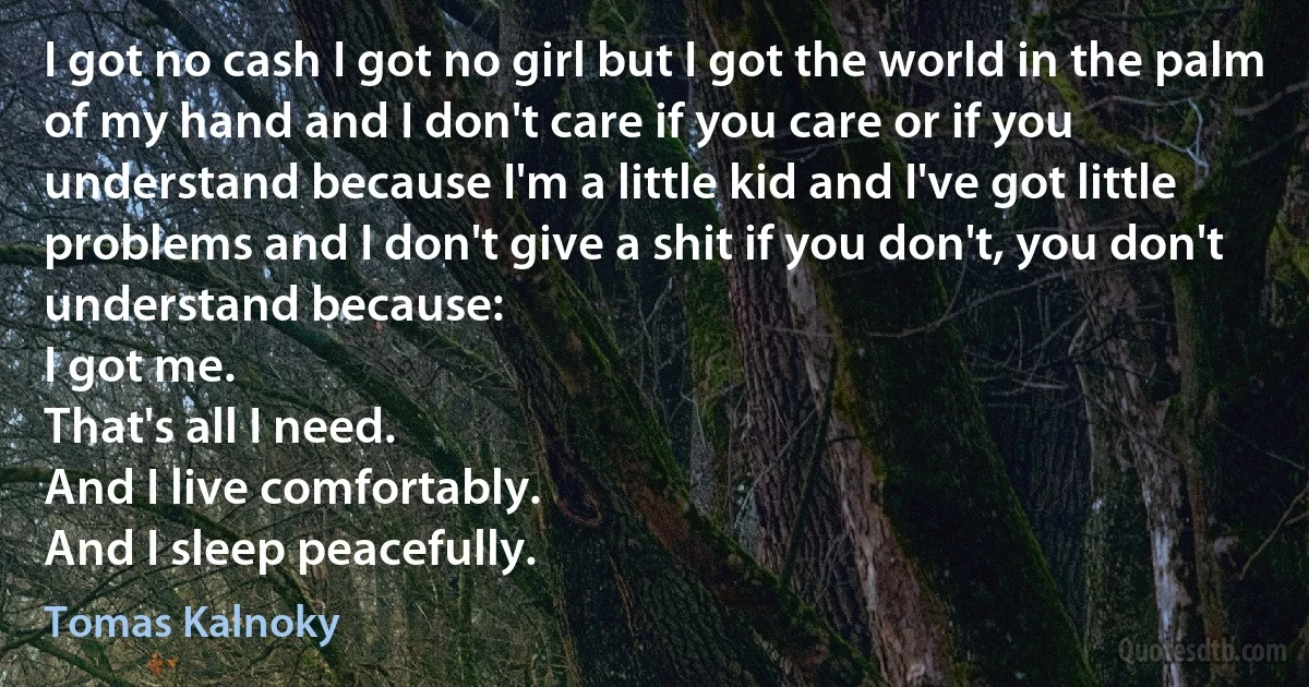 I got no cash I got no girl but I got the world in the palm of my hand and I don't care if you care or if you understand because I'm a little kid and I've got little problems and I don't give a shit if you don't, you don't understand because:
I got me.
That's all I need.
And I live comfortably.
And I sleep peacefully. (Tomas Kalnoky)