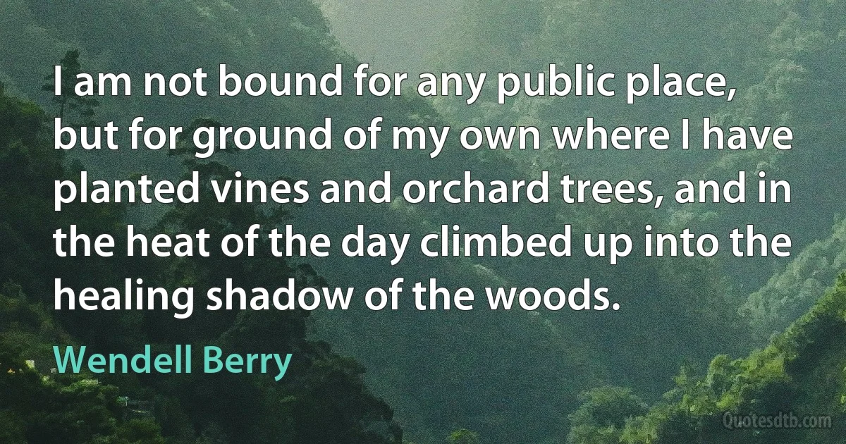 I am not bound for any public place, but for ground of my own where I have planted vines and orchard trees, and in the heat of the day climbed up into the healing shadow of the woods. (Wendell Berry)