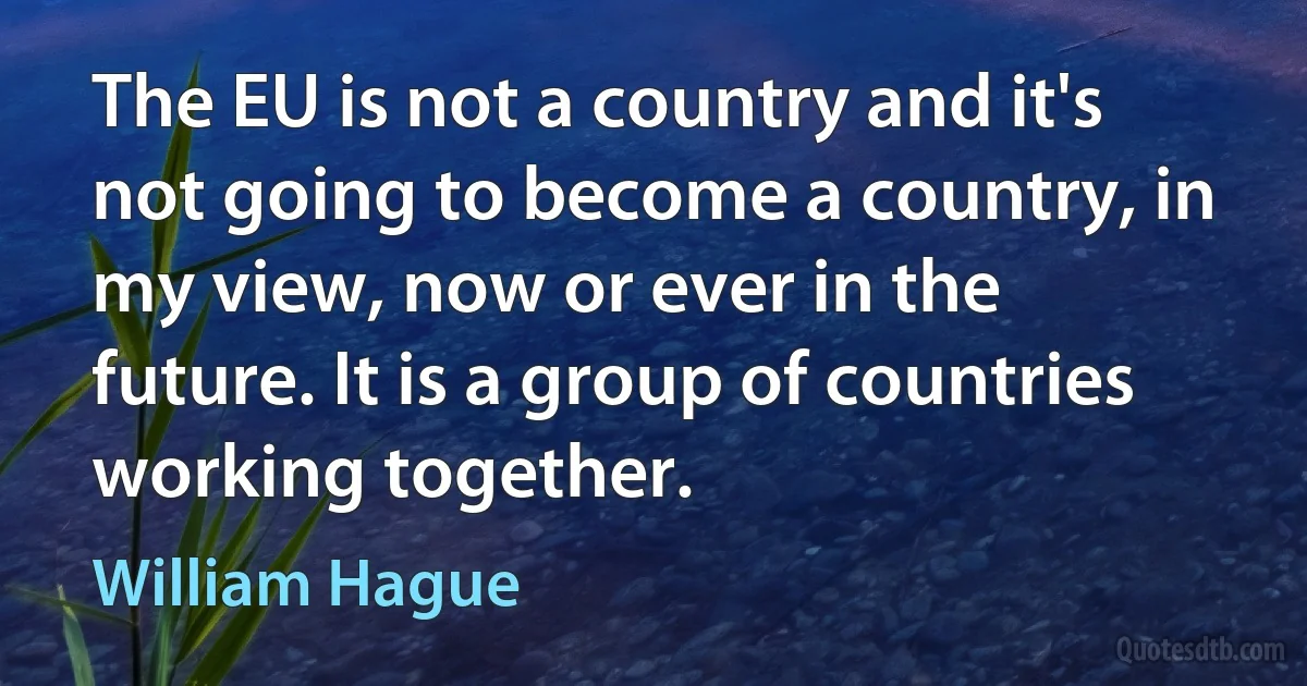 The EU is not a country and it's not going to become a country, in my view, now or ever in the future. It is a group of countries working together. (William Hague)