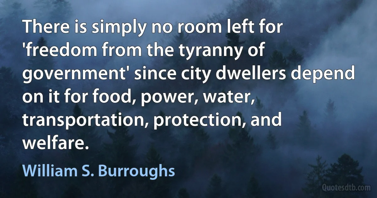 There is simply no room left for 'freedom from the tyranny of government' since city dwellers depend on it for food, power, water, transportation, protection, and welfare. (William S. Burroughs)