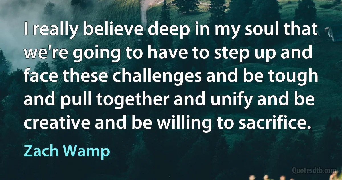 I really believe deep in my soul that we're going to have to step up and face these challenges and be tough and pull together and unify and be creative and be willing to sacrifice. (Zach Wamp)