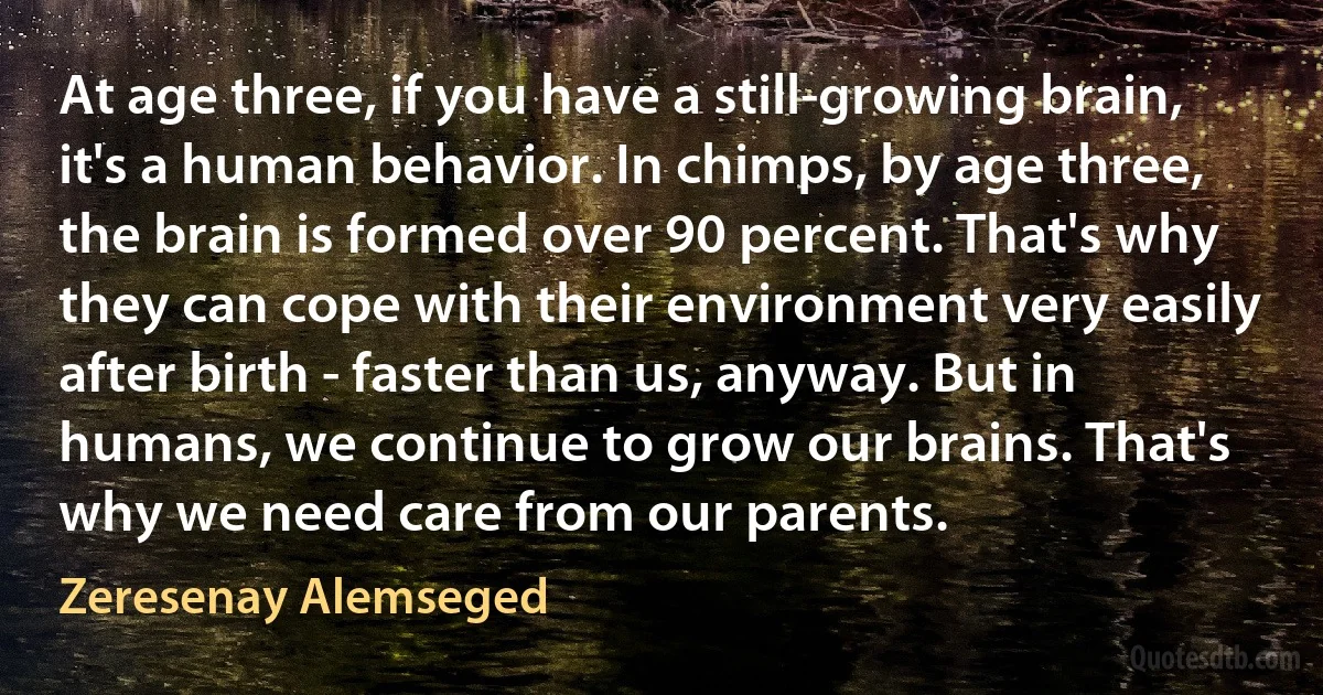 At age three, if you have a still-growing brain, it's a human behavior. In chimps, by age three, the brain is formed over 90 percent. That's why they can cope with their environment very easily after birth - faster than us, anyway. But in humans, we continue to grow our brains. That's why we need care from our parents. (Zeresenay Alemseged)