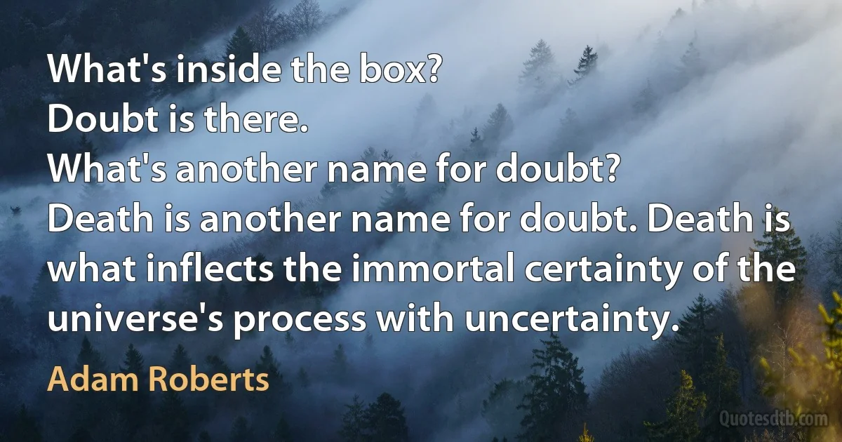 What's inside the box?
Doubt is there.
What's another name for doubt?
Death is another name for doubt. Death is what inflects the immortal certainty of the universe's process with uncertainty. (Adam Roberts)