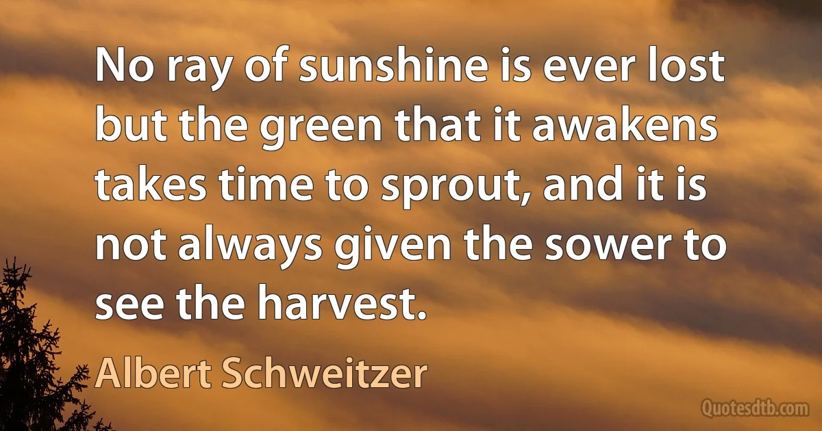 No ray of sunshine is ever lost but the green that it awakens takes time to sprout, and it is not always given the sower to see the harvest. (Albert Schweitzer)